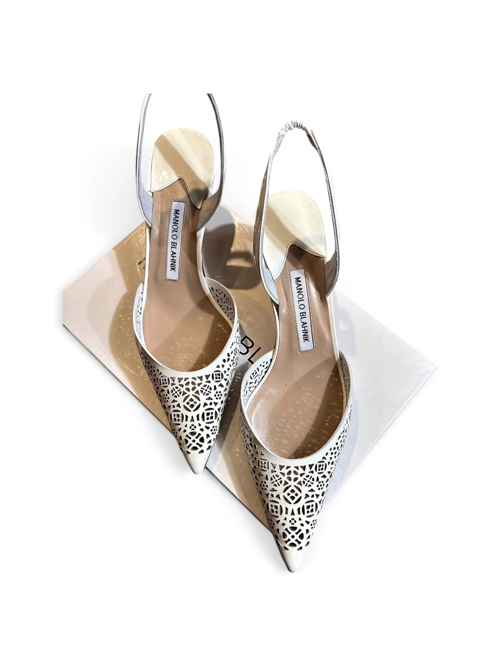 Manolo Blahnik White Laser-Cut Pointed Slingback Heels